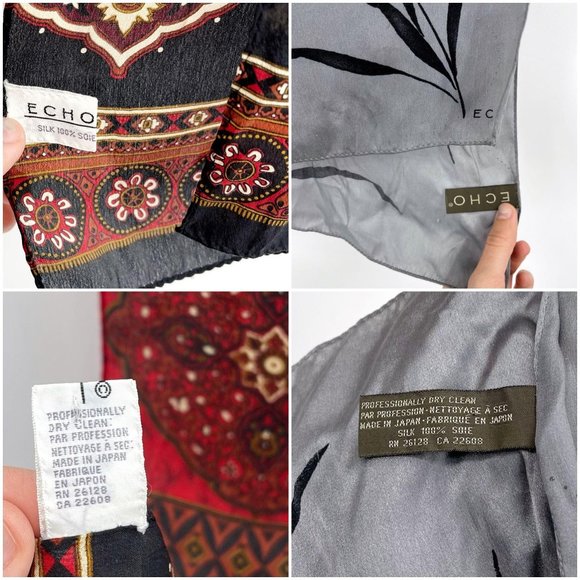 Vtg Echo Two Silk Scarves Red Gray Leaf Medallion - Picture 8 of 10